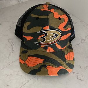 NHL Anaheim Mighty DUCKS Hockey Giveaway Orange Camo Mesh Back‎ Adj Hat Cap